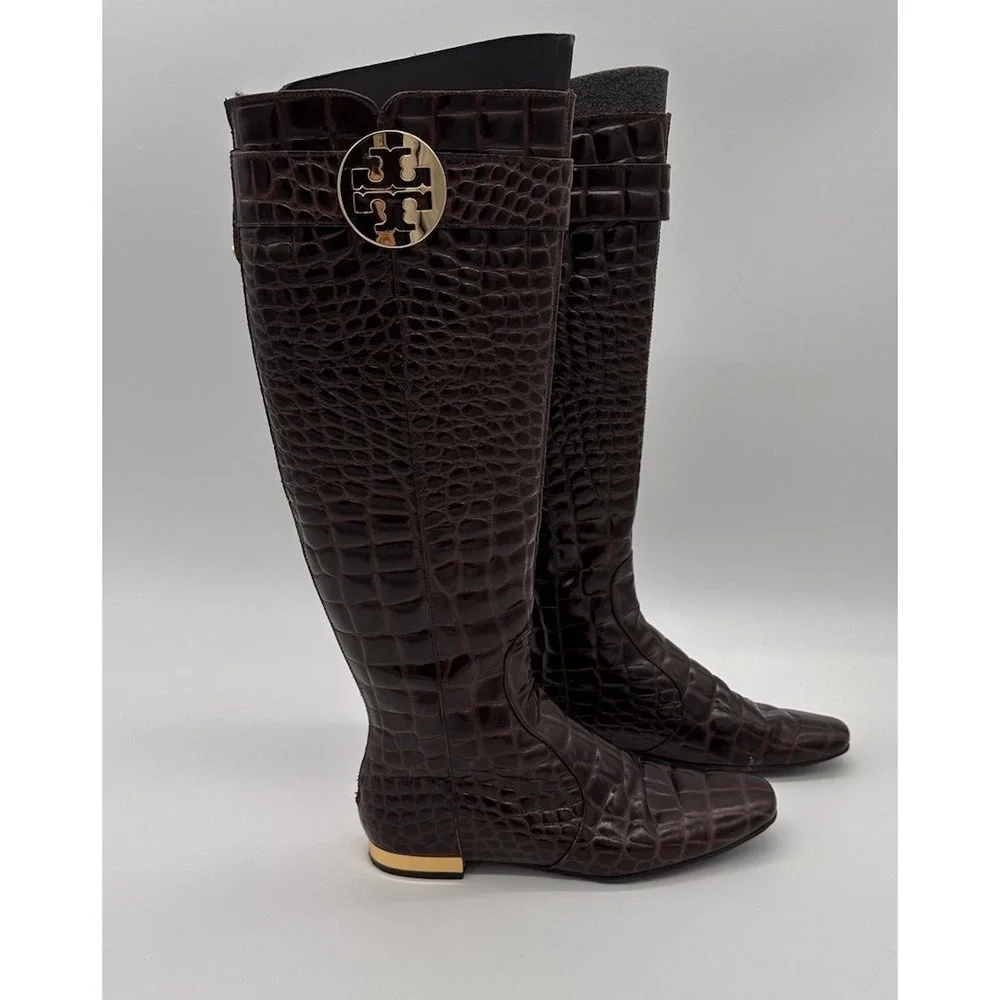 Tory Burch Brown Crocodile embossed leather riding boot Gold Heel & Logo Size‎ 7